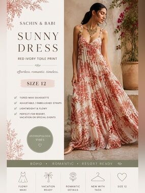 SACHIN + BABI Sunny Dress in Red Ivory Toile Print Flowy Maxi Long Boho NEW $550